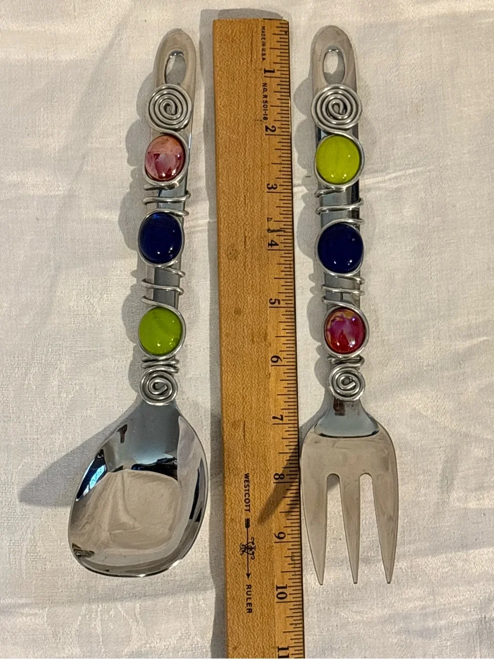 Oneida Stainless Salad Serving Spoon Fork Set Colorful Glass Wire Y2K